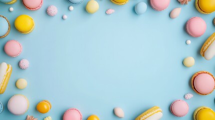 Colorful Macarons and Candy Spread on Blue Background for Sweet Treats and Desserts Presentation