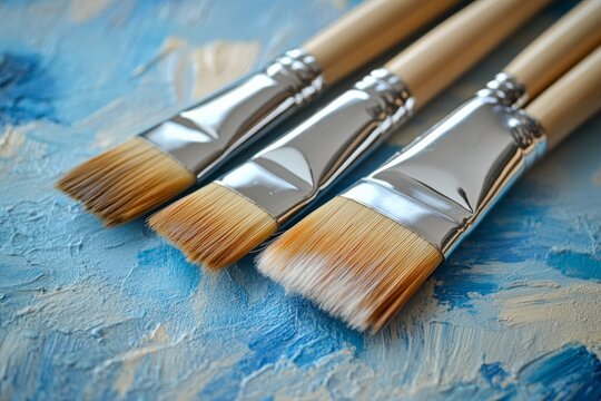 Close-up view of paintbrushes resting on textured blue canvas showcasing artistic tools and creativity at work