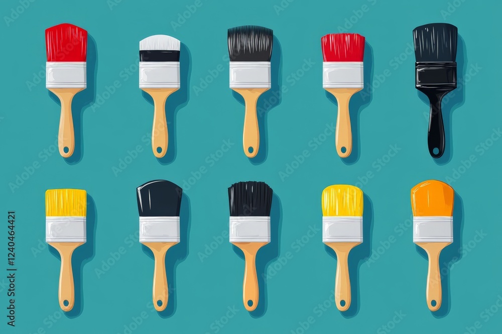 Poster Collection of colorful paintbrushes arranged on a turquoise background showcasing various sizes and styles for creative projects