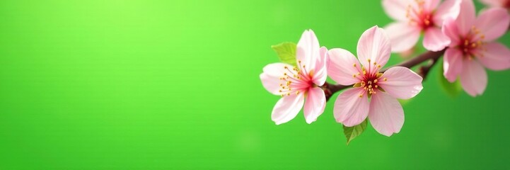 Obraz premium Blooming cherry blossom tree with apricot blossoms against a bright green background, tree, bloom, flower