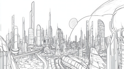 Fototapeta premium Futuristic cityscape with tall skyscrapers, advanced architecture, and transportation systems. scene depicts vibrant urban environment with sci fi aesthetic