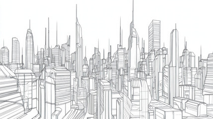 Fototapeta premium futuristic cityscape illustrated in hand drawn style, featuring tall skyscrapers and intricate architectural designs, conveying sense of innovation and creativity