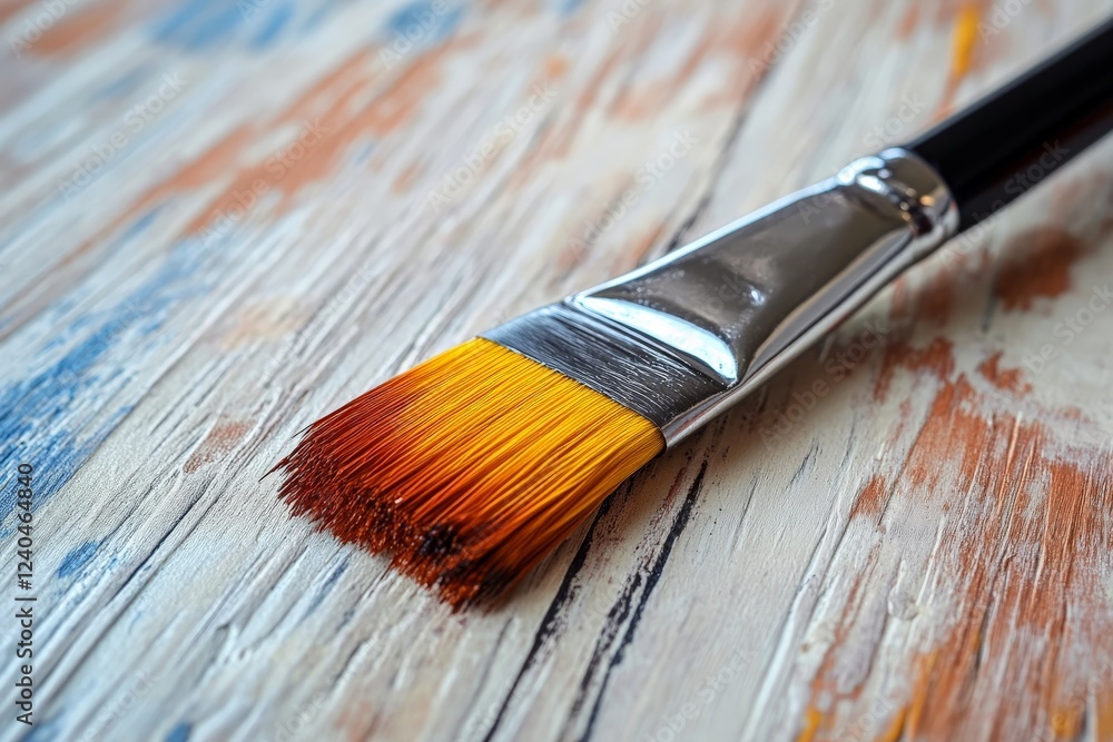 Poster close view of a paintbrush resting on a rustic wooden surface during a creative painting session