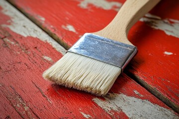 Brush resting on weathered red wooden surface with peeling paint in a cozy indoor setting