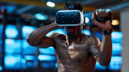 Muscular man training in VR headset virtual reality fitness workout digital athlete augmented reality immersive