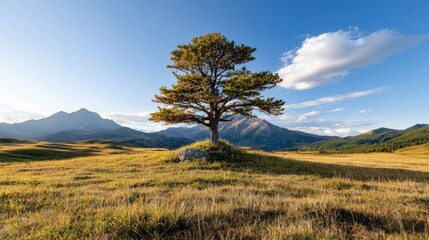Fototapeta premium Lone tree on hilltop, mountain backdrop, golden hour light, peaceful nature scene, travel photography