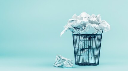 Overfilled black wire trash can with crumpled paper spilling out, placed against a soft light blue background