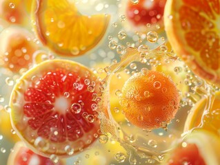 Fresh oranges grapefruit slices juice splash citrus fruit vitamins healthy drink summer refreshment natural vibrant.