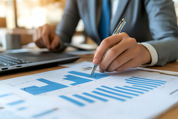 Professional analyzing financial data on a report with laptop and pen in a modern office.