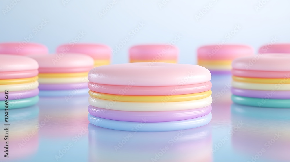 Poster colorful macarons on a soft background with reflection for culinary and dessert themes