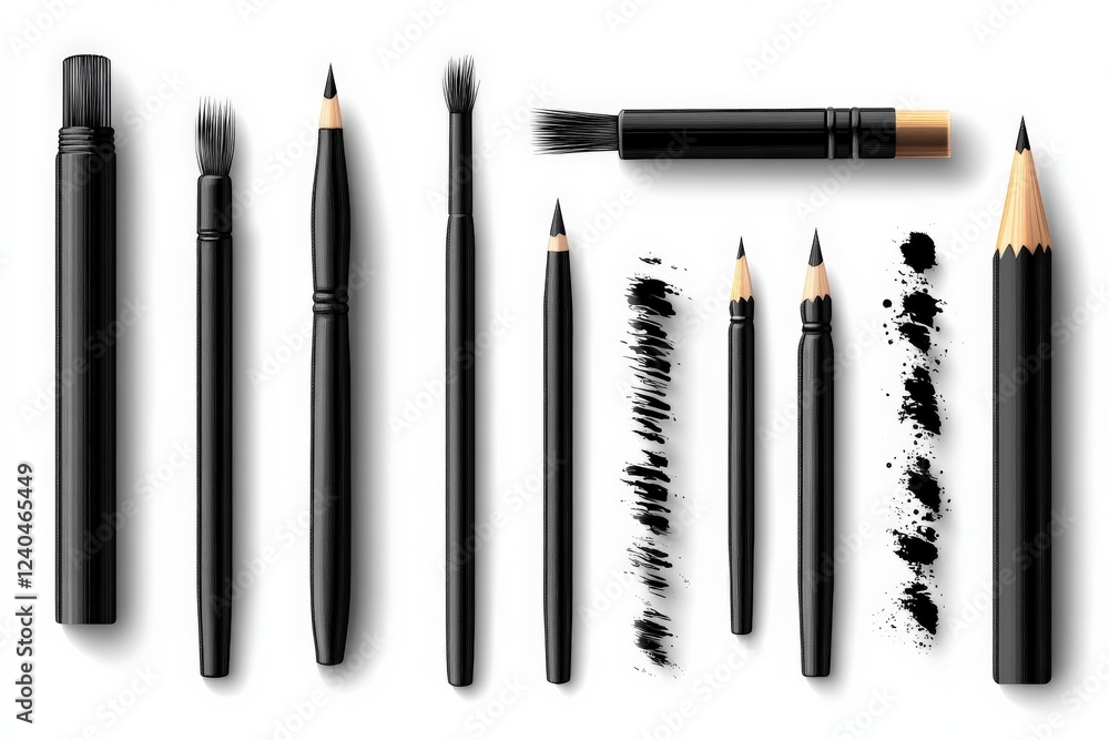 Poster Collection of black drawing tools arranged neatly on a white background displaying various brush and pencil types