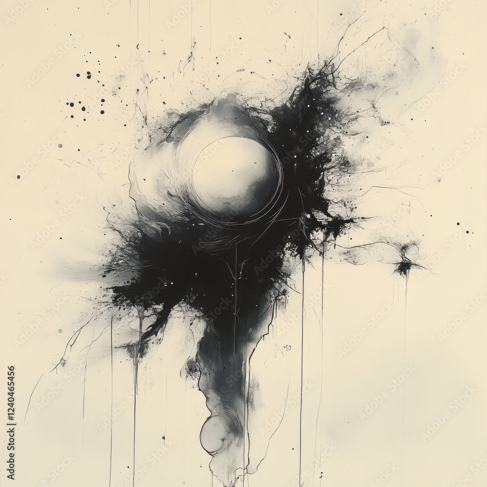 Poster abstract ink drawing a central fluid form surrounded by floating geometric shapes in crystalline cla
