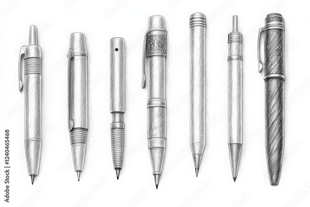 Poster Different styles and types of pens displayed in a row, showcasing unique designs and mechanical features