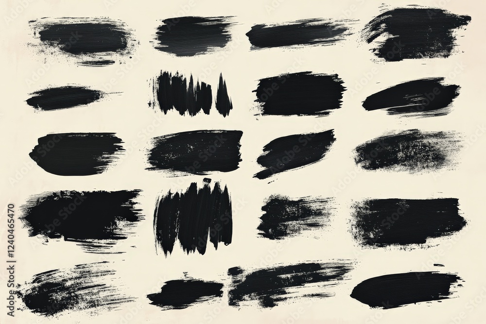 Poster strokes of black paint on a beige background showcasing various artistic styles and techniques