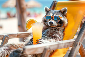 Stylish raccoon sipping a tropical drink, relaxing under the sun on a beach day.