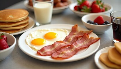 Delectable breakfast spread featuring pancakes, eggs, bacon, and fresh fruit