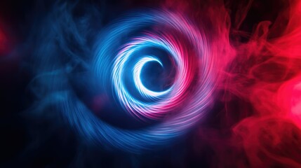 Red and blue laser beams spiral into a circular pattern on a concert stage, with steam adding depth.