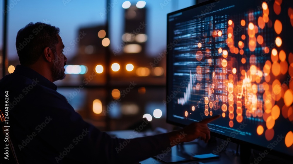 Poster Data Visualization Hub Nighttime Digital Workspace with LED Screens and Graphs - Modern Business Insights and Innovation in Urban Tech Environments