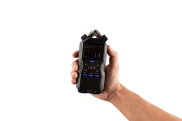 Male hand holding an audio recorder isolated no background cutout