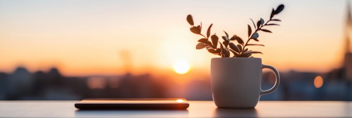 Serene Minimalist Office Vibes White Ceramic Mug with Plant and Smartphone - Modern Productivity and Branding in Sunrise Workspace