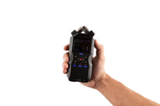 Male hand holding an audio recorder isolated no background cutout