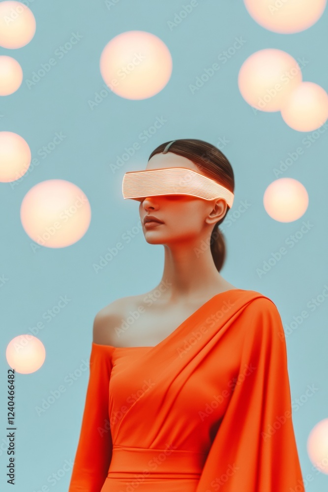 Poster futuristic cgi indian avatar in luminous orange attire exploring digital ar spaces - virtual influen