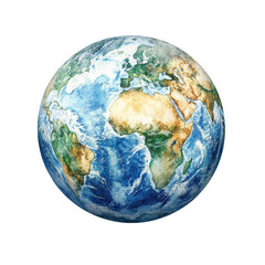 Obraz premium A detailed watercolor painting depicts a realistic representation of planet Earth from space showcasing continents and oceans.