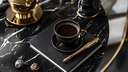 Sophisticated pen mockup lying diagonally a textured notebook surrounded by luxurious office accessories