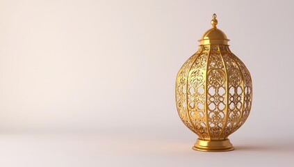 Golden Ramadan lantern, studio shot, Islamic design, beige background, festive decor