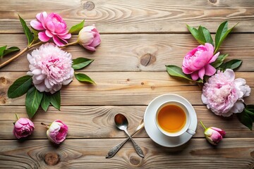 Fototapeta premium Elegant Flat Lay: Peonies, Teacup, and Spoon on Rustic Wood â€“ Wedding or Birthday