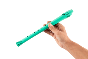 Male hand holding a green recorder flute isolated no background cutout