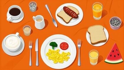 Vibrant cartoon breakfast still life with delicious dishes and bright colors