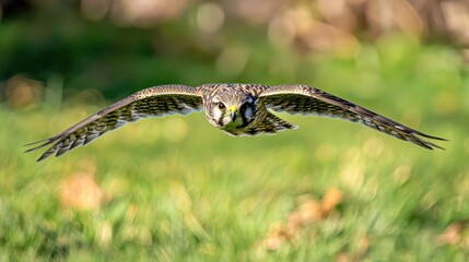 Fototapeta premium Kestrel hovering in mid-air, searching for prey in the grass below.