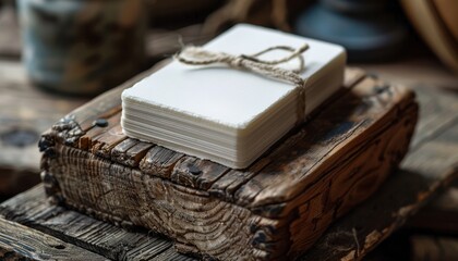 A stack of white cards is tied together with a string