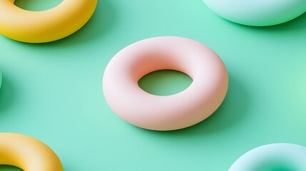 Colorful Minimalist Doughnut Shapes on Mint Green Background for Modern Design and Creative Projects