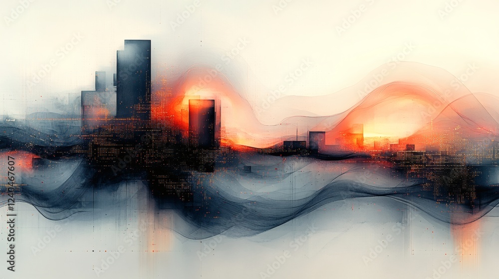 Poster abstract monochromatic ink artwork with intricate wavy forms and transparent geometric shapes like c