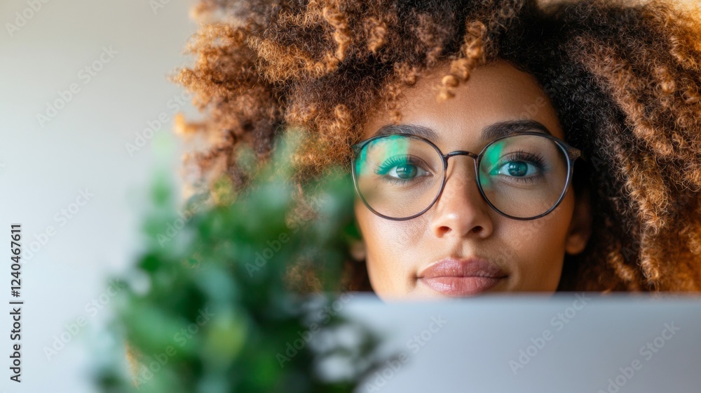 Aufkleber contemporary inclusion afro hair glasses wearer engages with smart tech for innovative multiracial t
