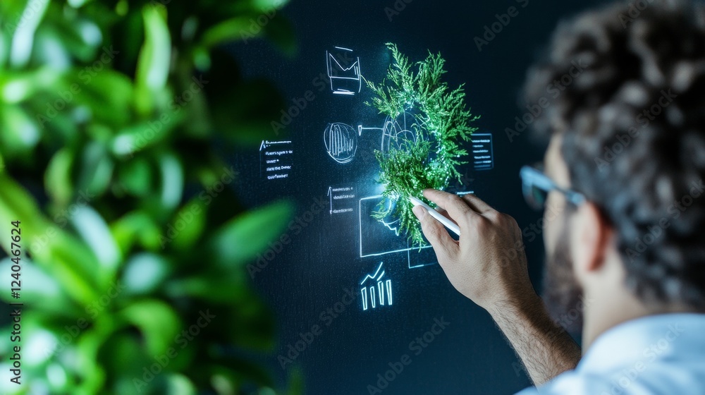 Poster Interactive Biophilic Smart Screen Multiracial Team Brainstorms on Virtual Green Interface - Progressive Tech Solutions for Inclusive Office Collaboration and Wellness Innovation