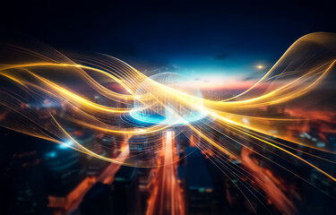 A glowing blue sphere with a city reflected inside sits on a dark, futuristic-looking platform over a cityscape with orange streetlights.