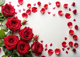 Obraz premium Lush Red Roses and Petals Scattered on White - Top View