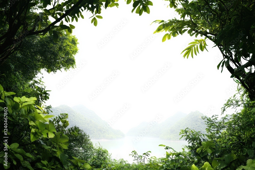 Poster serene view of foggy lake surrounded by lush green foliage in tranquil nature setting. generative ai