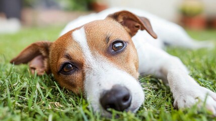 Relaxed Jack Russell Terrier Resting on Lush Green Grass