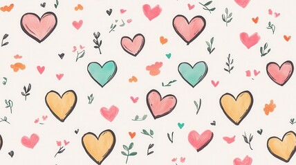 Sweet valentine couple red theme seamless pattern. A whimsical pattern featuring colorful hearts and delicate floral elements on a light background, perfect for romantic themes and crafts.