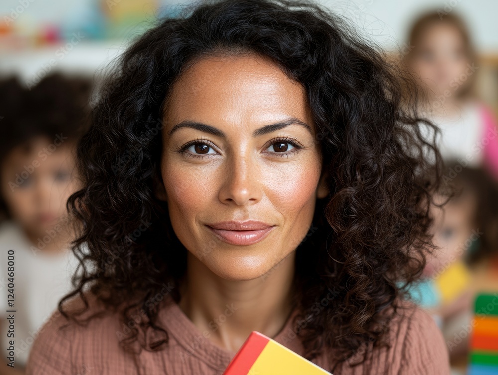Aufkleber Curly-Haired Educator in Sustainable Learning Environment Embracing Diversity and Inclusivity in Modern Classroom Design for Early Childhood Development