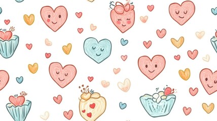 Sweet valentine couple red theme seamless pattern. A whimsical pattern featuring cheerful hearts and cupcakes in soft pastel colors, perfect for festive or romantic themes.