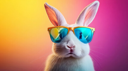 Cool Bunny: A white bunny, wearing stylish blue and yellow sunglasses, stares ahead with a cool and playful expression against a vibrant backdrop of yellow, orange, and pink.