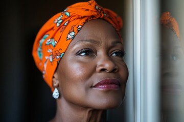 Elegant Reflection of Vibrant Wellness Multicultural Woman with Textured Headscarf in Authentic Bathroom Environment for Modern Oral Care Marketing