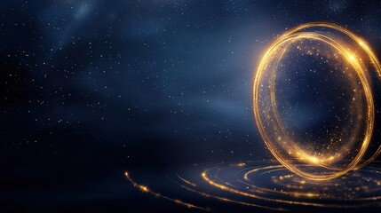 Glowing golden ring in dark blue space with sparkling particles. Abstract cosmic background with a bright energy orb. Futuristic and magical atmosphere.