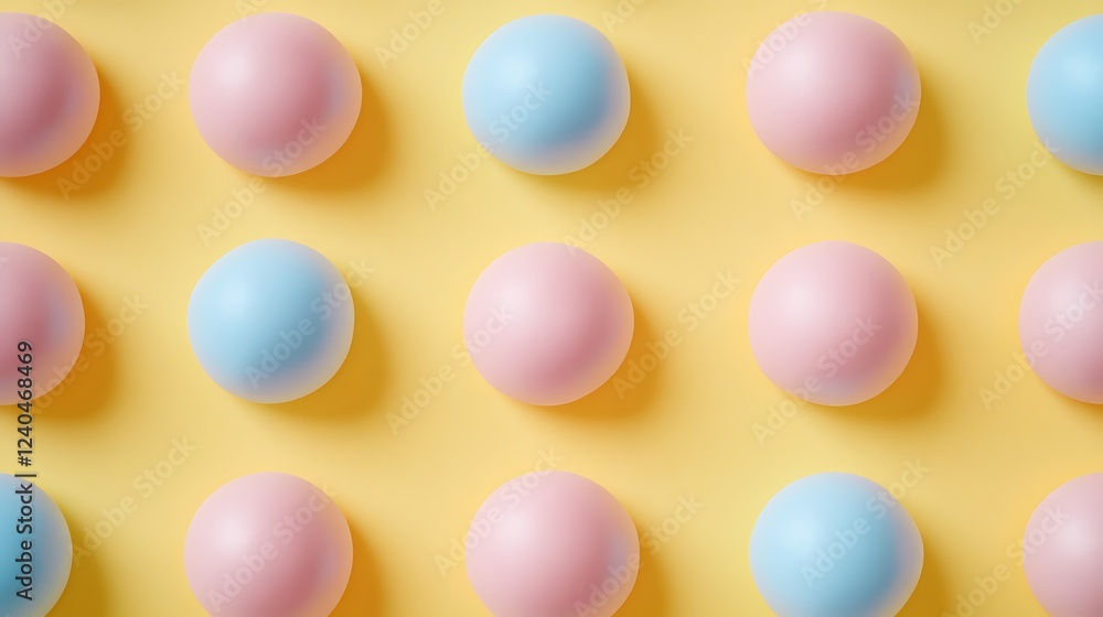 Poster colorful pastel balls on yellow surface creating a playful and modern background texture for design 