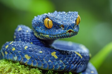 Fototapeta premium Vibrant Blue Snake Coiled on Mossy Surface in Lush Greenery